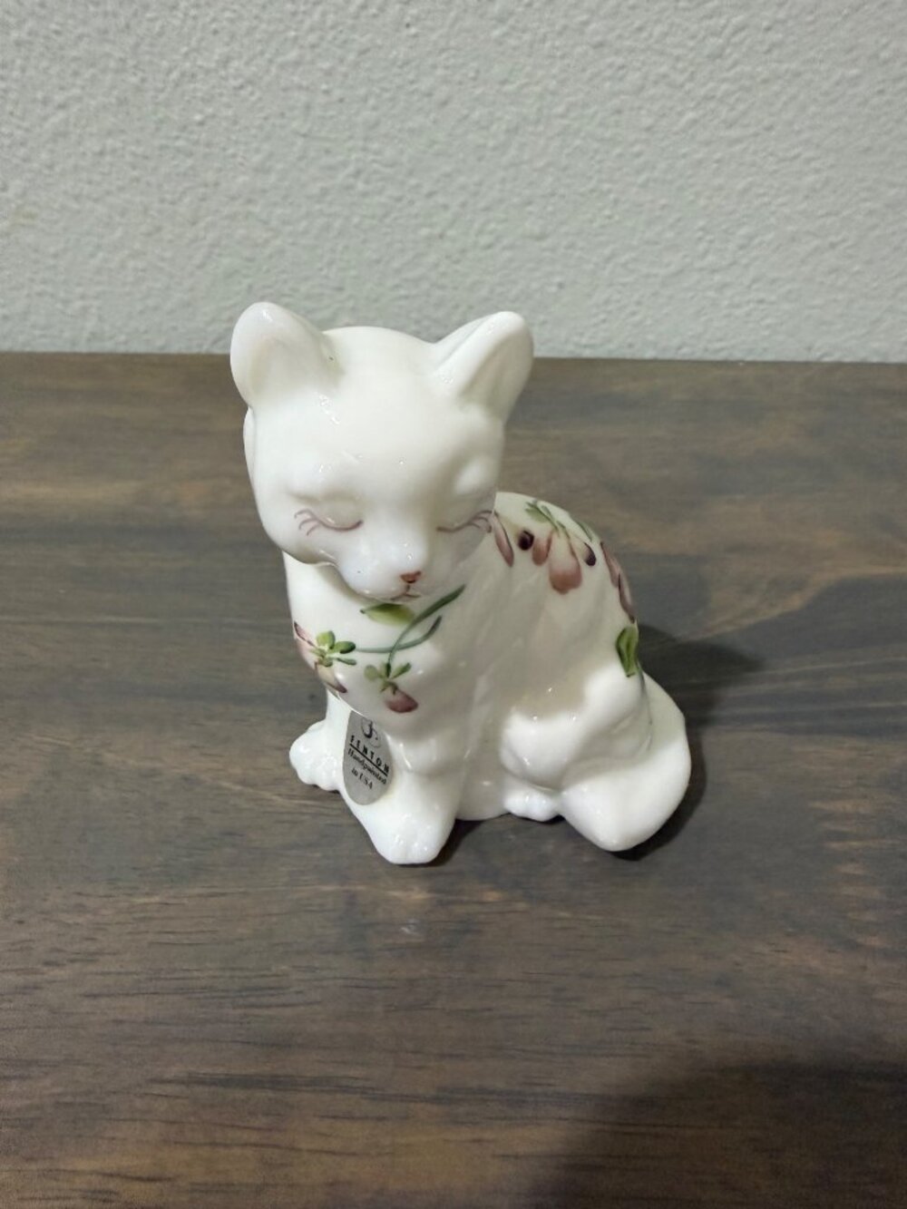 Fenton White Milk Glass Cat Kitten Hand Painted Flowers Signed Original Sticker